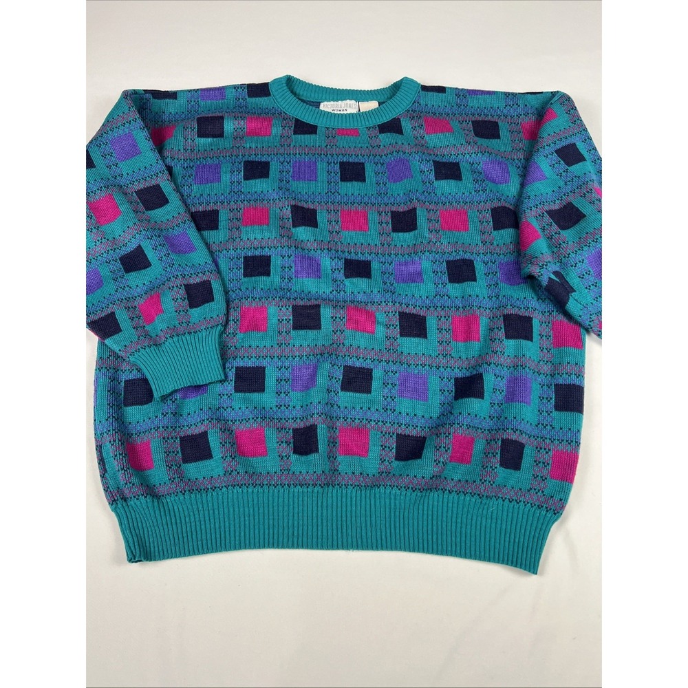 Victoria Jones Woman Vintage Teal Magenta Geometric Knit Crewneck Sweater XL